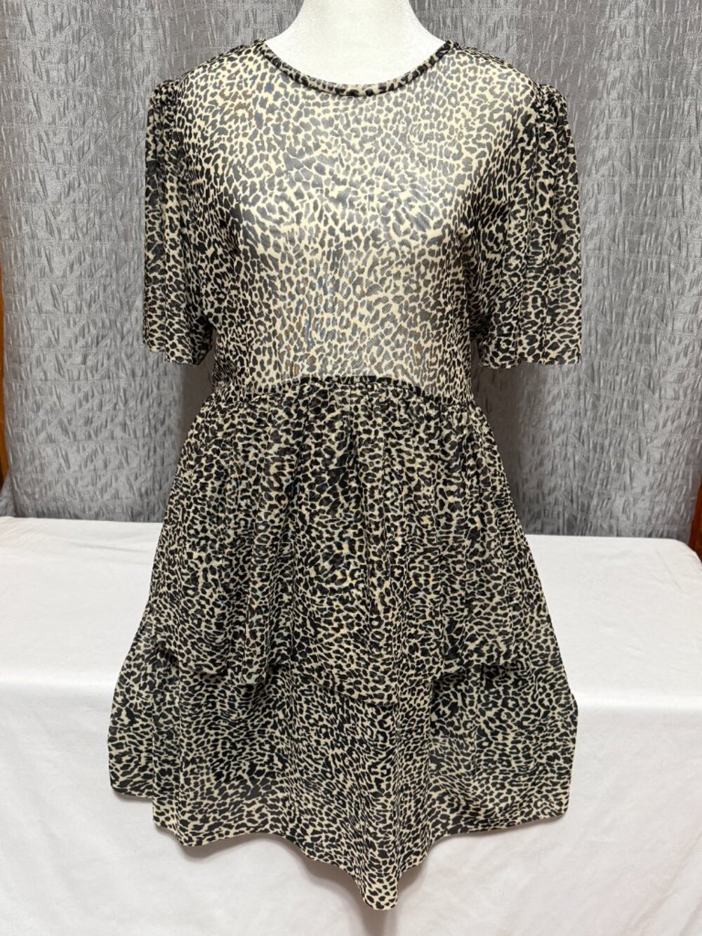 Zara Womens Large Charcoal Grey Sheer Animal Leopard Print Tiered Mini Dress